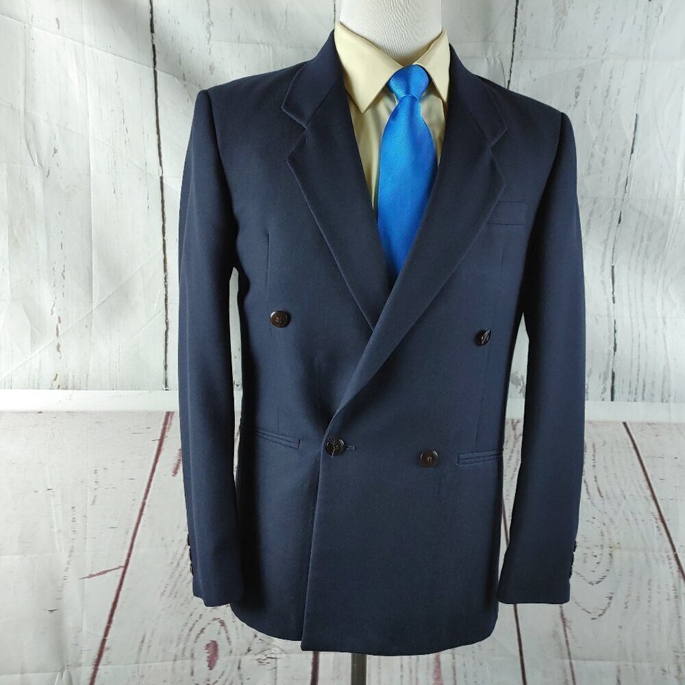 Cellini Collection 38R Double Breasted 4 Button Blue Suit Blazer